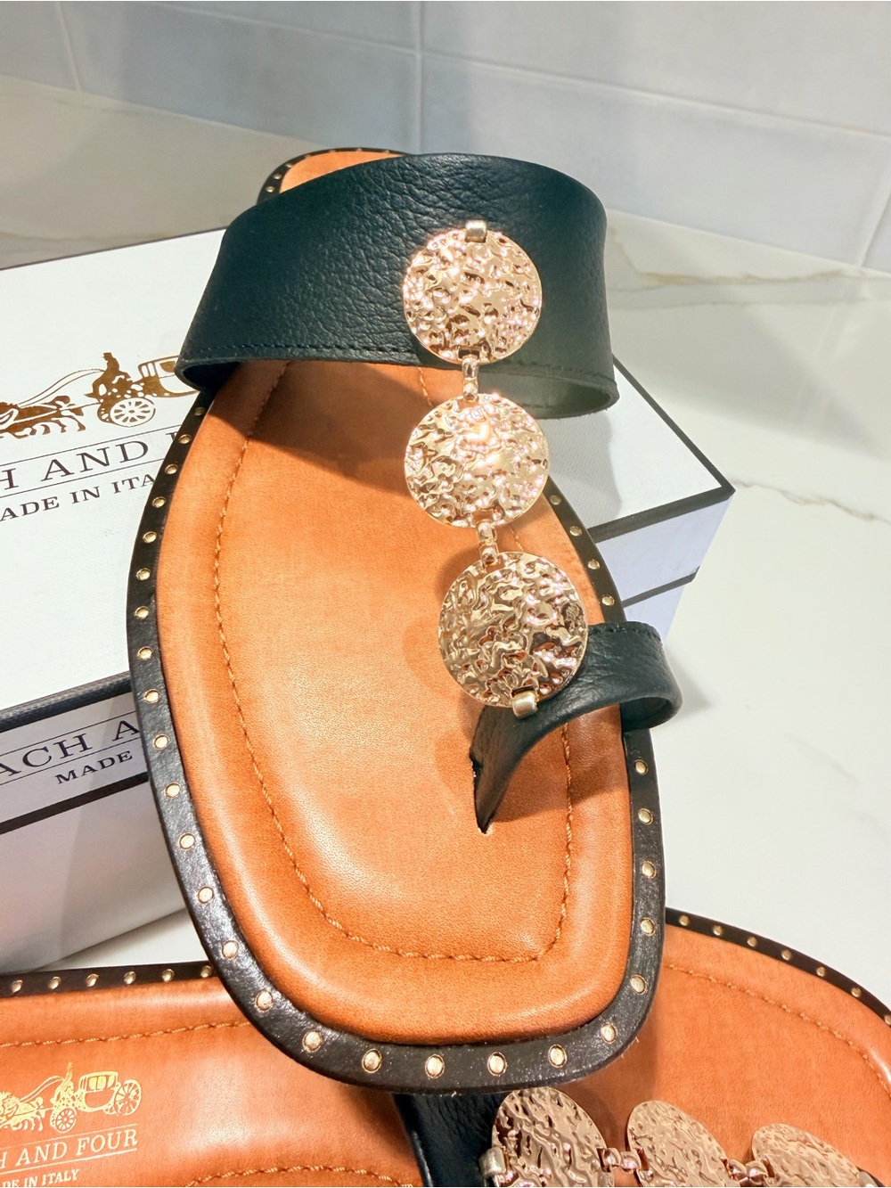 Coach and Four Black and Tan Leather Slide Sandals with Gold Accents - Picture 5 of 15